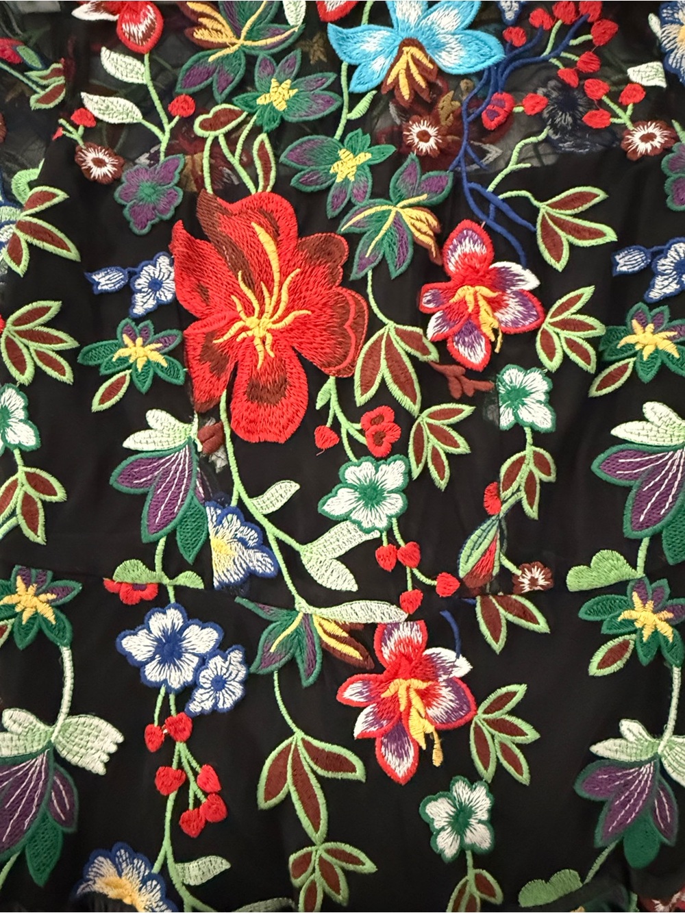 Black Floral Embroidered Mesh Midi Dress with Multicolor Blooms - Picture 3 of 5